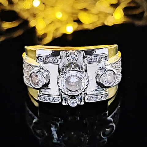 Men Industrial Mechanical Style Wide Band Ring Copper Zirconia Inlaid Two Tone Gold Silver Electroplated Fashion Jewelry