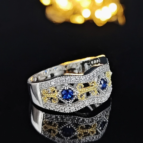 Vintage Wide Band Copper Ring For Women Gold Silver Two-tone Hollow Wave Edge Blue Synthetic Sapphire White Zirconia Ring
