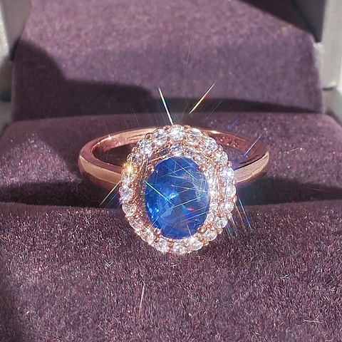 Vintage Königsblau Oval Saphir Zirkonia Doppel Halo Roségold Vergoldet Kupfer Ring Für Damen Hochzeit Party Schmuck Fingerring