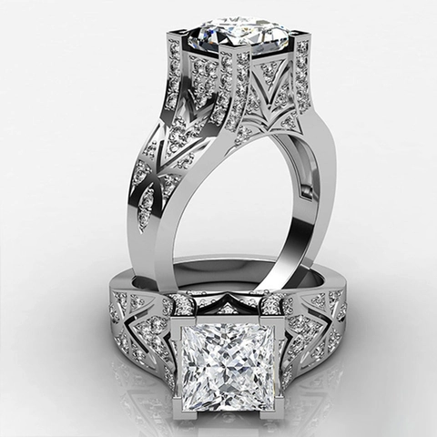 Lussuoso Anello in Rame con Zirconia Taglio Princess per Donna Elegante Anello Nuziale Quadrato in Diamante Sintetico Argento