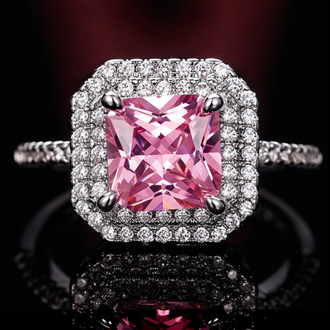 Elegant Pink Square Cubic Zirconia Halo Ring For Women Silver Plated Copper Cluster Inlaid Fashion Wedding Jewelry
