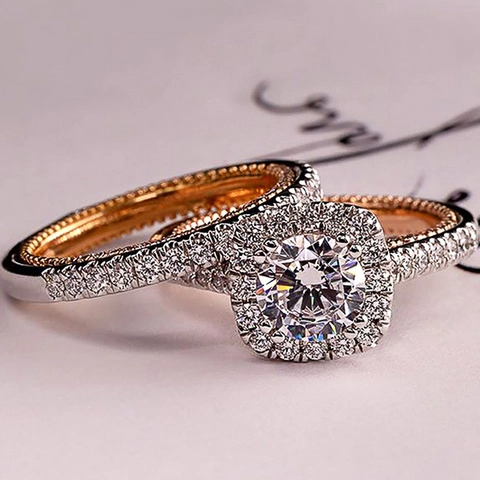 Luxurious Copper Round White Zirconia Halo Ring And Matching Band Engagement Wedding Rings For Women Couple Jewelry Gift