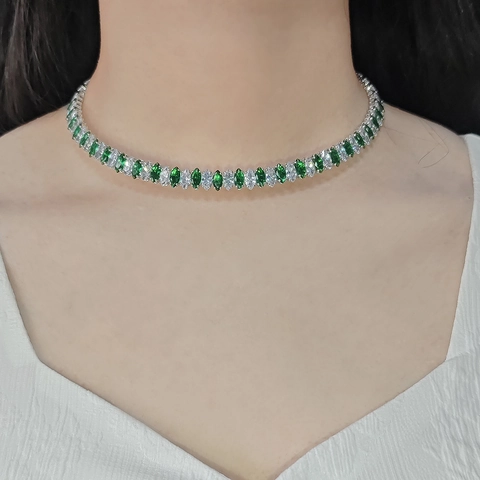 Marquise Cut Green White Zirconia Choker Necklace For Women Elegant Copper Tennis Chain Banquet Party Jewelry Gift