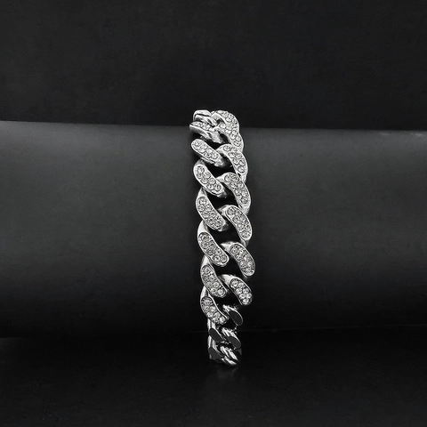 Mode Hiphop Cubaanse Schakelarmband Voor Dames Zilverkleur Ingelegde Strass Koperen Ketting Geometrische Sieraden Accessoire