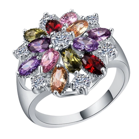 Bunter Zirkon Blumen Ring Kupfer Versilbert Geometrischer Modeschmuck Für Frauen Elegantes Geburtstagsgeschenk