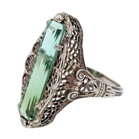 Vintage Cocktail Ring With Green Emerald Cut Zircon Copper Filigree Hollow Pattern Retro Victorian Jewelry For Women