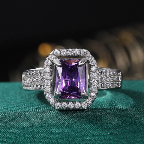 Luxury Purple Cushion Cut Zircon Ring For Women Copper Halo Pave Square Faceted Elegant Fashion Jewelry