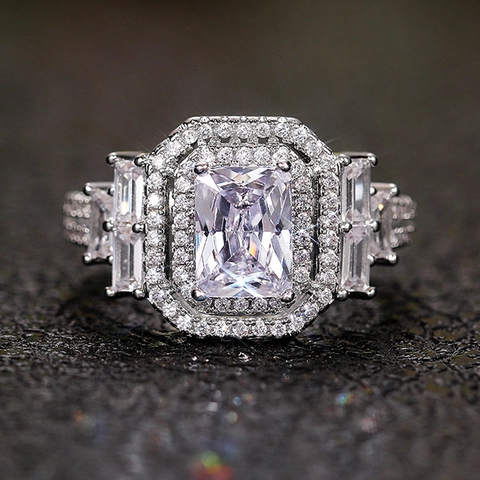 Luxury Rectangular Zirconia Copper Ring Double Halo Emerald Cut Baguette Side Stone Silver Color Fashion Jewelry Women Ring