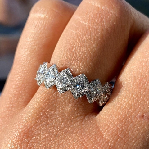 Hip Hop Panzerkette Ring Rhombus Geometrisches Design Kupfer Silberfarben Strass Pave Fingerring Für Herren Punk Schmuck
