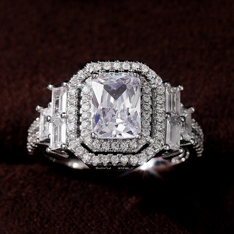 Luxury Rectangular Zirconia Copper Ring Double Halo Emerald Cut Baguette Side Stone Silver Color Fashion Jewelry Women Ring