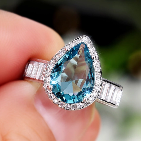 Pear Shaped Blue Zircon Ring Copper Halo Engagement Wedding Jewelry For Women Water Drop Baguette Side Stones