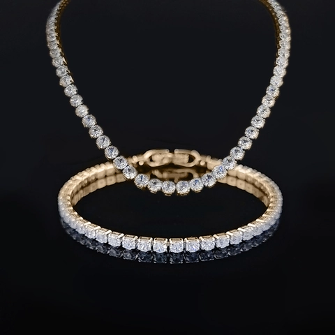 Hip Hop Tennis Chain Jewelry Set Copper Inlaid Zirconia Necklace And Bracelet Bling Rhinestone Party Accessory Unisex