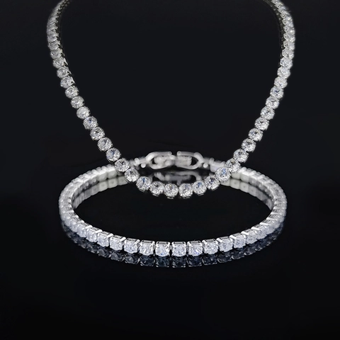 Hip Hop Tennis Chain Jewelry Set Copper Inlaid Zirconia Necklace And Bracelet Bling Rhinestone Party Accessory Unisex