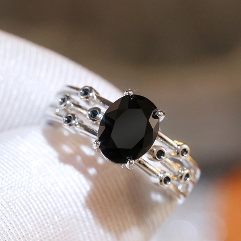 Oval Black Cubic Zirconia Ring Copper Vintage Multi-Layer Band Engagement Party Jewelry For Women