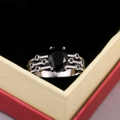 Oval Black Cubic Zirconia Ring Copper Vintage Multi-Layer Band Engagement Party Jewelry For Women