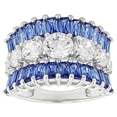 Luxury Wide Band Ring Copper Blue Baguette Cubic Zirconia Three Row Inlay Wedding Jewelry Elegant Accessory For Women