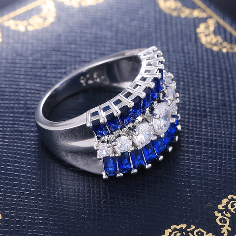 Luxury Wide Band Ring Copper Blue Baguette Cubic Zirconia Three Row Inlay Wedding Jewelry Elegant Accessory For Women
