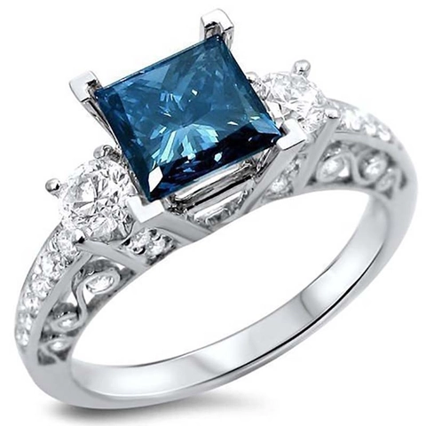 Dames Vintage Holle Legering Ring Met Vierkante Blauwe Zirkonia Drie-Stenen Verlovingssieraden
