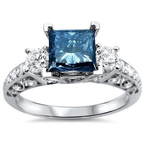 Dames Vintage Holle Legering Ring Met Vierkante Blauwe Zirkonia Drie-Stenen Verlovingssieraden