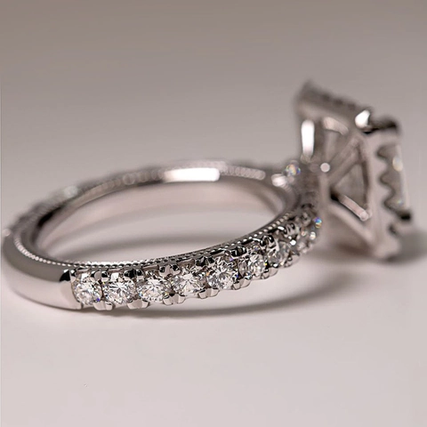 Luxury Square Cushion Cut Zirconia Halo Ring Rhodium Plated Copper Milgrain Engagement Jewelry For Women