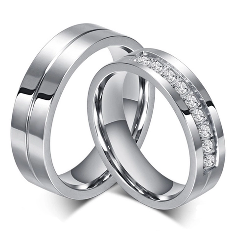 Titanium Steel Rhinestone Couples Ring Geometric High Polished Band For Men And Women Wedding Anniversary Jewelry Gift