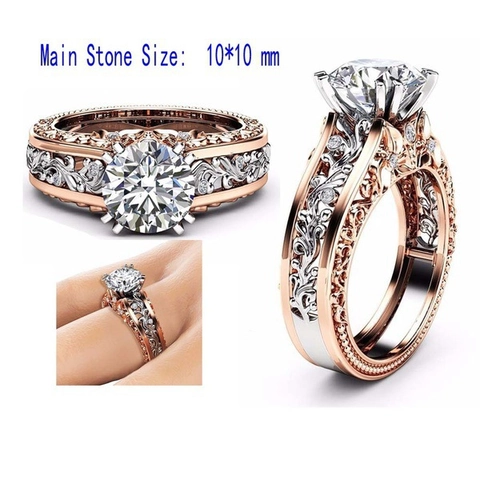 Vintage Rose Gold Silver Bicolor Hollow Floral Pattern Ring With Round White Zirconia For Women Luxury Jewelry Gift