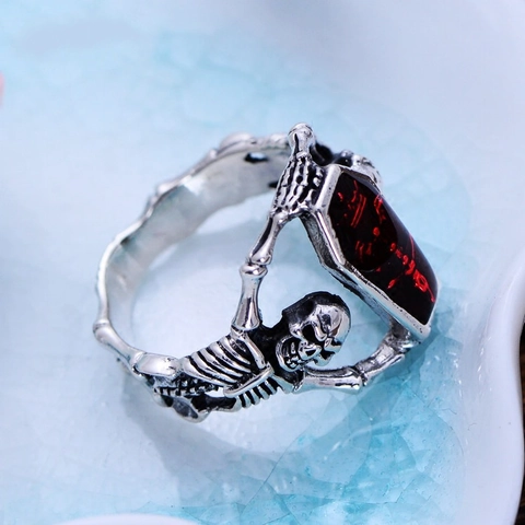 Gothic Punk Skeleton Coffin Ring For Men Vintage Copper Red Stone Skull Bone Ring Halloween Party Jewelry Finger Ring