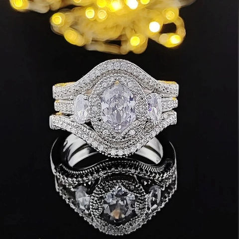 Juego de Anillos de Circonia Ovalada Vintage para Mujer Cobre Plateado Compromiso Alianza de Boda Anillo Combinado Joyería