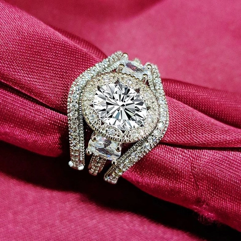 Juego de Anillos de Circonia Ovalada Vintage para Mujer Cobre Plateado Compromiso Alianza de Boda Anillo Combinado Joyería