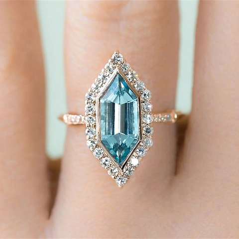 Blue Topaz Style Engagement Ring Halo Rhinestone Copper Gold Plated Geometric Jewelry Finger Ring For Women Wedding Gift