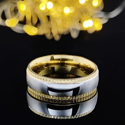 Mode Zwei Töne Kupfer Band Ring Für Herren Damen Gerändelte Kante Poliert Geometrischer Fingerring Schmuck Zubehör Geschenk
