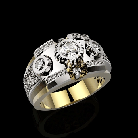 Lussuoso Anello da Uomo in Rame Stile Industriale Meccanico Bicolore Con Zirconia Incastonata Oro Argento Hip Hop Gioielli