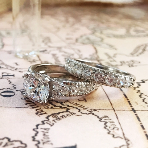 Bridal Wedding Main Ring And Band Copper With Round Zirconia Classic Luxury Engagement Jewelry For Women Silver Tone