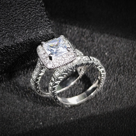 Conjunto De Anillos De Zirconia Cuadrados De Corte Princesa De Lujo Para Mujer Tono Plateado Cobre Boda Y Banda