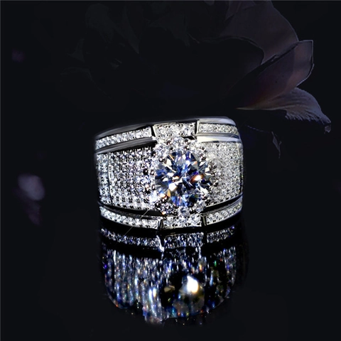 Anello Fascia Larga da Uomo di Lusso Con Zirconia Rotonda Halo Pavé in Rame Colore Argento Hip Hop Matrimonio Gioielli
