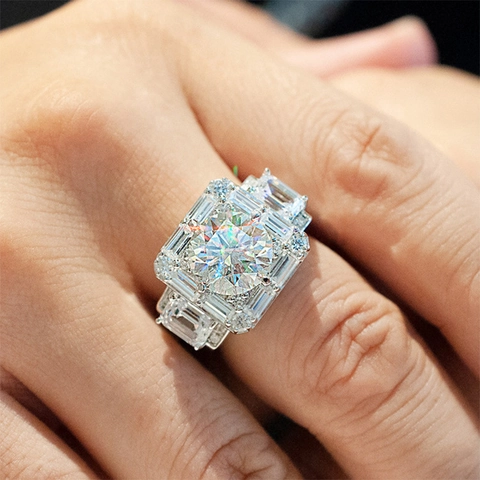 Men Luxury Ring Copper White Gold Plated Round Zircon Baguette Halo Iced Out Hip Hop Domineering Jewelry