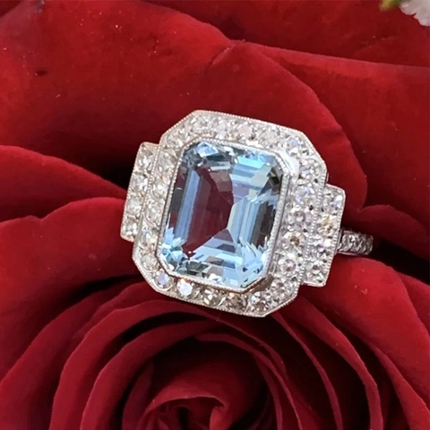 Sea Blue Zircon Ring Copper Emerald Cut Square Halo Vintage Art Deco Luxury Geometric Jewelry For Women Anniversary