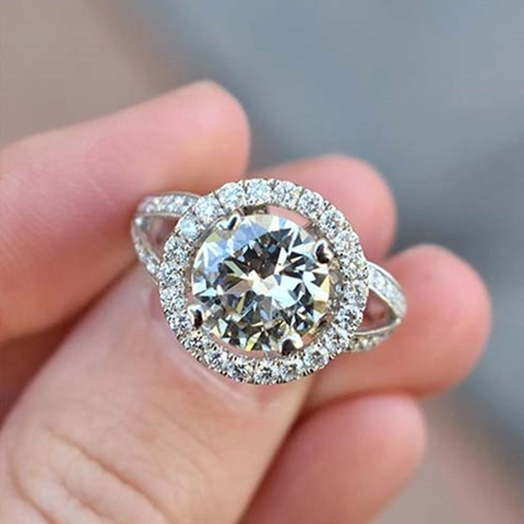 Luxury Round Cut Zircon Wedding Engagement Ring For Women Copper Halo Micro Pave Bridal Jewelry White Gold Plated