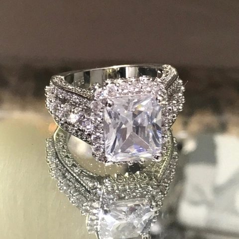 Square Zircon Copper Ring Luxury Rectangle Halo Engagement Jewelry Wedding Party Sparkly Wide Band For Women White Gold Plated