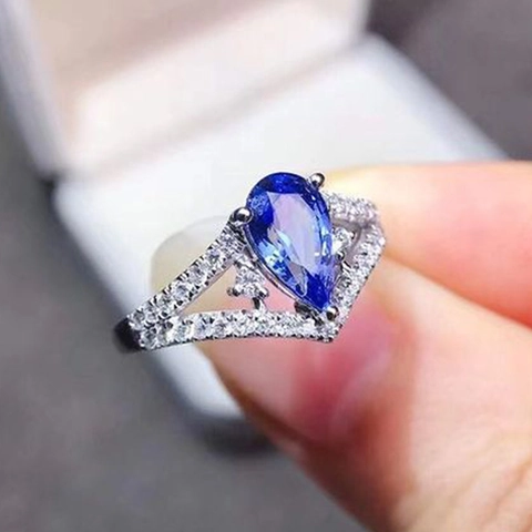 Pear Cut Blue Gemstone V-Shaped Ring For Women Copper Inlaid Zircon Fashion Jewelry Wedding Party Accessory