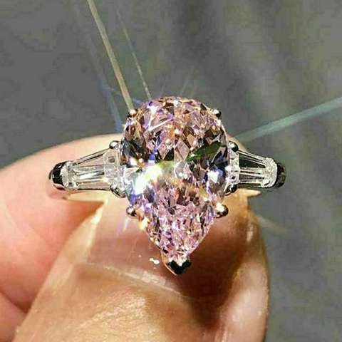 Anillo De Cobre Con Circón Rosa Corte Pera Para Mujer Gota Acentos Laterales Banquete Boda Joyería Elegante Banda Plateada
