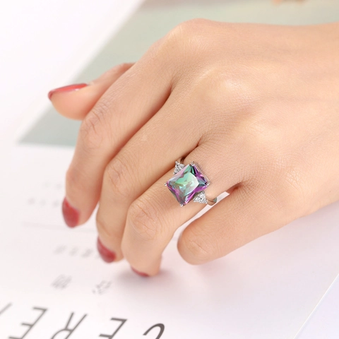 Fashion Copper Cubic Zirconia Ring For Women Colorful Square Purple Gemstone Electroplated Finger Ring Jewelry Luxury Commuter Gift