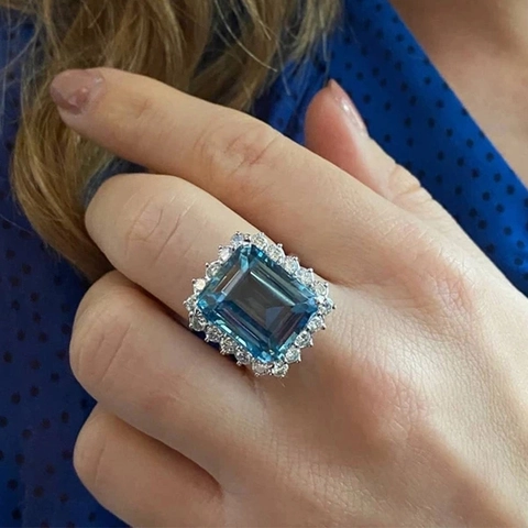 Luxury Princess Square Cut Blue Simulated Sapphire Rhinestone Copper Halo Ring For Women Wedding Engagement Party Jewelry