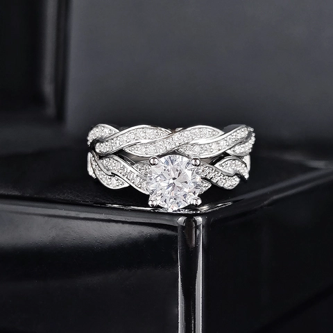 Women Fashion Copper Twisted Band Combination Rings Round Cubic Zirconia Engagement Wedding Bridal Jewelry Pink White