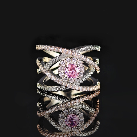 Lussuoso Anello in Rame a Forma di X Incrociato Tondo Zirconia Halo Bicolore Micro Pave Cocktail Anello da Donna Gioielli per Feste