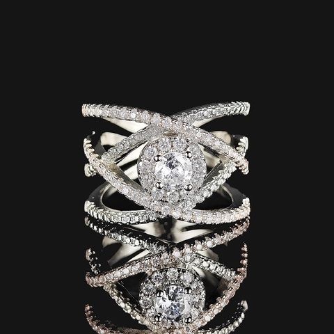 Lussuoso Anello in Rame a Forma di X Incrociato Tondo Zirconia Halo Bicolore Micro Pave Cocktail Anello da Donna Gioielli per Feste