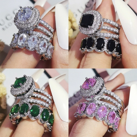 Women Luxury Copper Rings With Zirconia Cushion Oval Cut Green Pink White Black Gemstone Halo Wedding Engagement Finger Jewelry