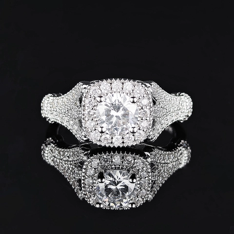 Anillo Halo de Cobre de Lujo con Circonia Redonda para Mujer Moda Único Elegante Incrustado Pavé Band Boda Fiesta Joyería