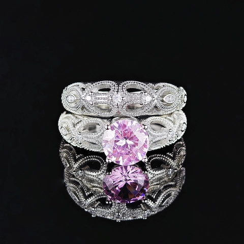 Set Anelli in Rame Filigrana Vintage per Donna Con Strass Rosa Tondo Squisito Design Sovrapponibile Gioielli da Matrimonio