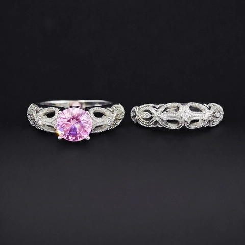 Set Anelli in Rame Filigrana Vintage per Donna Con Strass Rosa Tondo Squisito Design Sovrapponibile Gioielli da Matrimonio